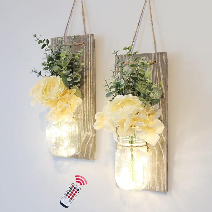Modern Farmhouse Wall Decor Set of 2, Rustic Wall Art Living Room Decor with Led Fairy Lights and Rose Flowers, Country Home Decor Gifts, X-Large Rustic Grey