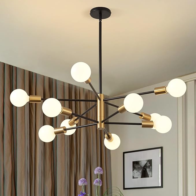 KAISITE Modern Chandelier Dining Room Light Fixture Over Table 10-Light Sputnik Chandelier Ceiling Light Fixture Height Adjustable Black and Gold Mid Century Pendant Lighting for Kitchen Living Room