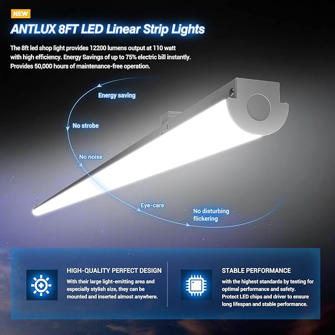 ANTLUX 8FT LED Shop Lights 110W Strip Lights [6-lamp T8 Fluorescent Equiv.], 12000LM, 5000K, Compact Commercial 8 Foot Light Fixtures for Warehouse, Garage, Energy Saving up to 4000W/5 Years, 6 Pack