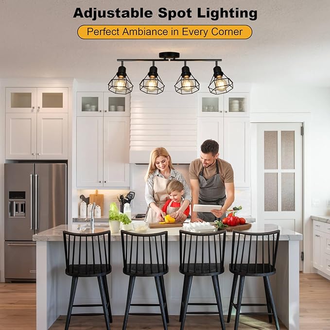 HiBay 4-Light Track Lighting Farmhouse, Directional Ceiling Track Light Fixtures Black, Industrial Flush Mount Spotlight for Kitchen, Dining Room, Bedroom, E26 Base (Bulbs Not Included)