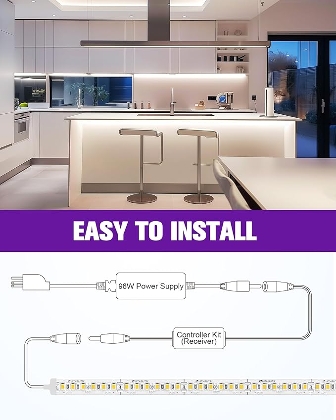 HitLights White LED Strip Lights Kit with Remote & 24V Power Supply, 16.4ft Dimmable Tape Light 4000K, 600 LEDs, 425 lm/ft, CRI 90+, IP30, UL Listed, Lighting for Living Room, Kitchen, Under Cabinets