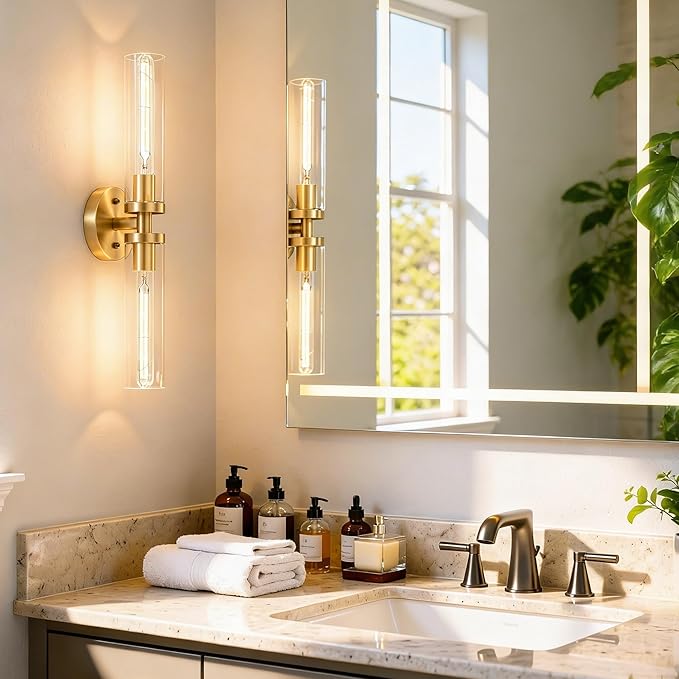 Wall Sconces 2-Pack, Hardwired Bathroom Light Fixtures, Modern Farmhouse Vanity Wall Lighting with Clear Glass Shades, E26 Base Wall Sconce Wall Lights for Bathroom Wall Decor, Gold