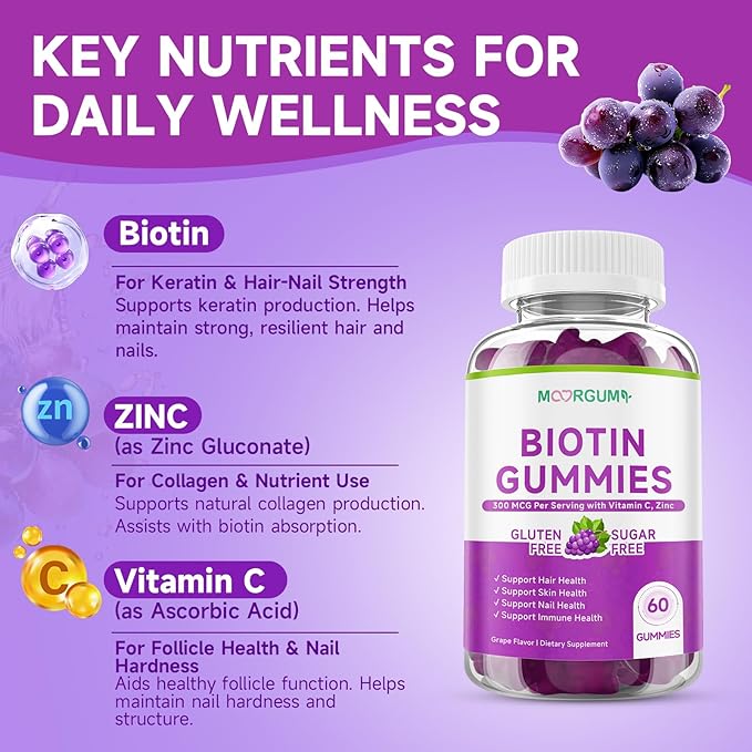 Sugar Free Biotin Hair, Skin & Nails Gummies, Supports Healthy Hair, Skin and Stronger Nails, with Vitamin C, Zinc Chewable Vitamin B7 Supplements for Women & Men, Vegan, Non-GMO, Grape, 60 Count