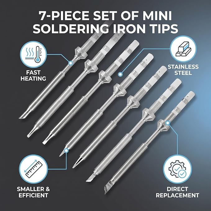 Soldering Iron Tips TS100, 7pcs Mini Stainless Steel Replacement Tips for Electric Pen Solder Station Mechanic Welding Tool Combo