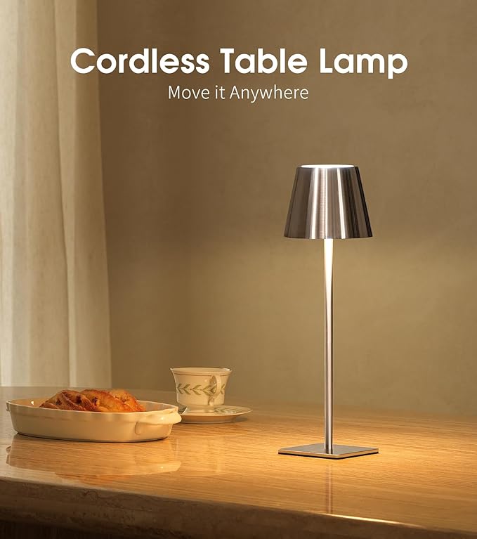 UME 3 Pack Cordless Table Lamp, Battery Operated Lamp - Portable Waterproof Rechargeable Table Lamp w/ 3 Color Temps & Stepless Dimming for Dinner, Desk, Cafe, Outdoor (Brushed Silver)