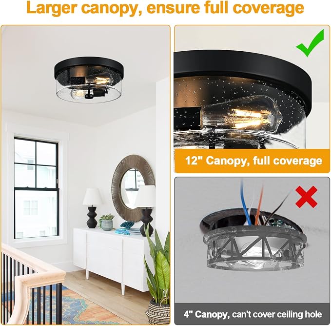 Black Flush Mount Ceiling Light Fixtures, 2-Light Ceiling Mount for Farmhouse with Seeded Glass Lampshade, Industrial Flush Mount Light Fixture Farmhouse for Hallway, Kitchen, Entryway and Foyer