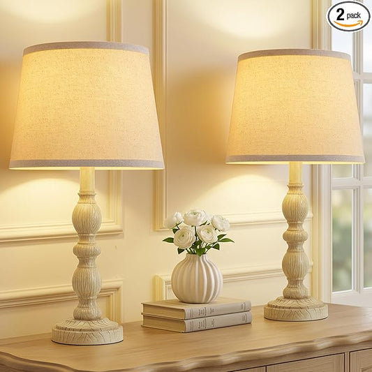 GyroVu 20.5" Table Lamps for Nightstand Set of 2, Farmhouse Lamps for Bedroom, Small Desk Lamps for Living Room, Linen Shades, Knob Switch, Bedside Lamps for Reading, Office(Creamy White)