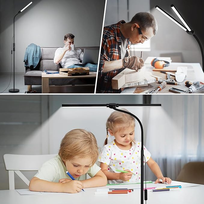 LED Floor Lamp with Remote Control, Bright 18W Floor Lamps for Living Room with Double Head, Adjustable Gooseneck Standing Lamp, Eye Caring Reading Light for Eyelash Extetions Craft Office
