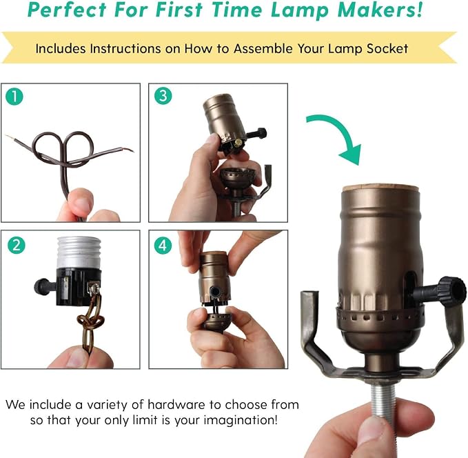 DIY Lamp Wiring Kit, Antique Brass 3-Way Socket & 12FT Brown Cord (2 Pack), for Making & Fixing Table or Floor Lamps, Repair & Rewire Vintage Lighting Fixtures, Complete Hardware Set