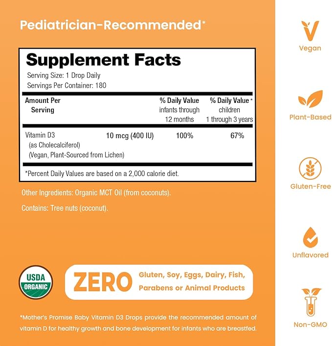 Mother's Promise Gouttes de Vitamine D Bio pour Bébé | 100% Végétal | Croissance Saine & Développement Osseux | Dès la Naissance | 180 Doses | Vitamine D3 Liquide pour Nourrissons & Tout-Petits | 400 UI pour Bébés