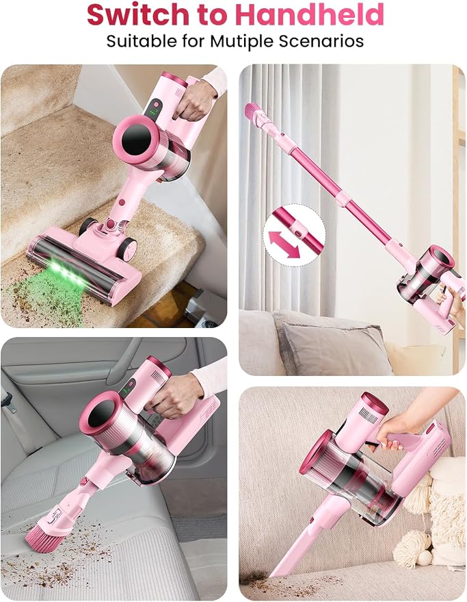 Dzaki Cordless Stick Vacuum Cleaner, 50KPa Brushless Motor Vacuum with Anti-Tangle, LED Display, 55-Min Runtime & Detachable Battery for Pet Hair, Carpet & Hardwood Floors (Cranberry)