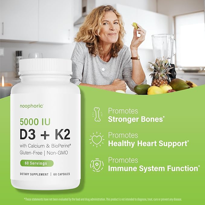 Vitamine D3 K2 Noophoric 5000 UI, D3 avec K2 MK7, Capsules de Vitamine D3 K2 avec Calcium et BioPerine, Sans OGM, Sans Gluten, Sans Soja, 60 Capsules
