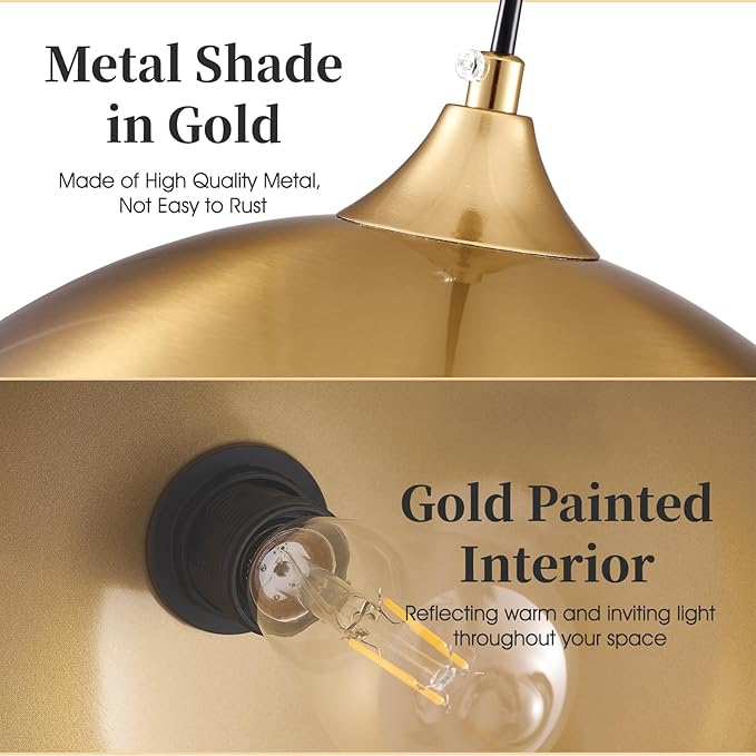Gold Pendant Light 11.8", Industrial Dome Pendant Lights with Gold Interior, Adjustable Farmhouse Hanging Light for Kitchen Island Dining Room Bedroom Restaurant, 3 Pack