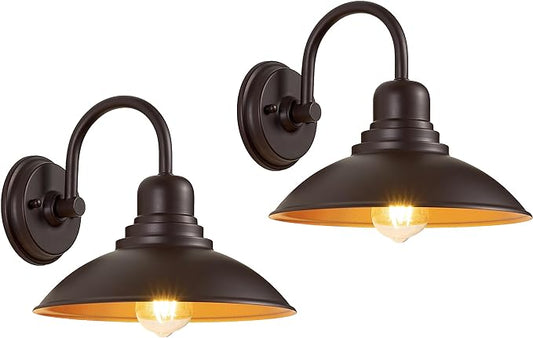 GOLDHILL 10.5" Bronze Gooseneck Metal Outdoor Barn Light 2-Pack, Powder Coated Anti-Rust Farmhouse Exterior Wall Sconce with Gold Interior, Wet Location Rated for Porch, Garage, Bathroom Vanity