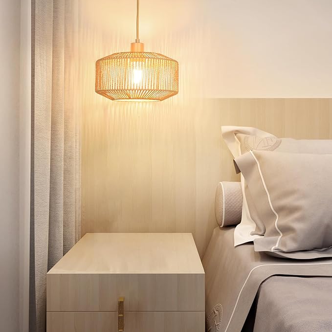 Qingmiao Boho Plug in Pendant Light, Rattan Hanging Lamp Plug in with Woven Shade, 3-Way Dimmable Hanging Light Fixture for Living Room Bedroom Kitchen Ceiling Farmhouse Home Decor