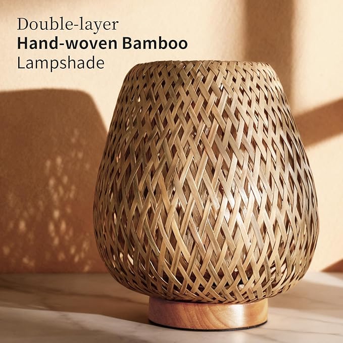 Boho Table Lamp with Double Layer Woven Shade Wood Base, Desk Bedside Small Rattan Lamps, 110V Plug, Dimmable E26 Socket (Bulb Included) for Living Room Night Stands Bedroom
