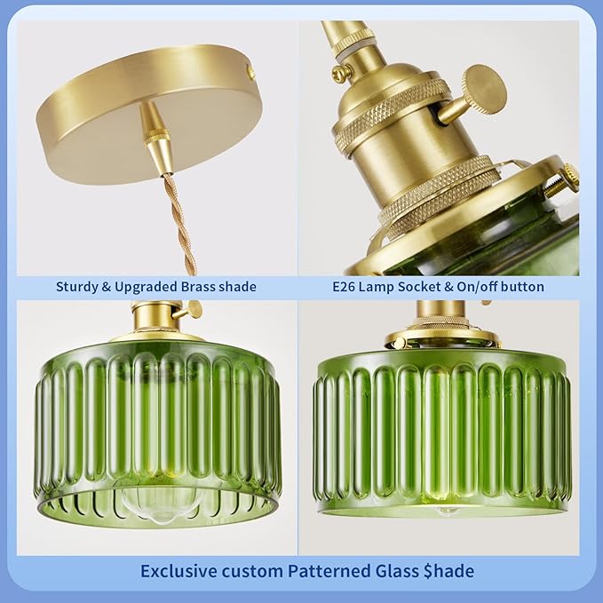 WimiSom 2 Pack Industrial Pendant Lighting, Modern Green Glass Shade Farmhouse Adjustable Hanging Light Fixtures for Kitchen Island Living Room Bedroom Hallway, Green