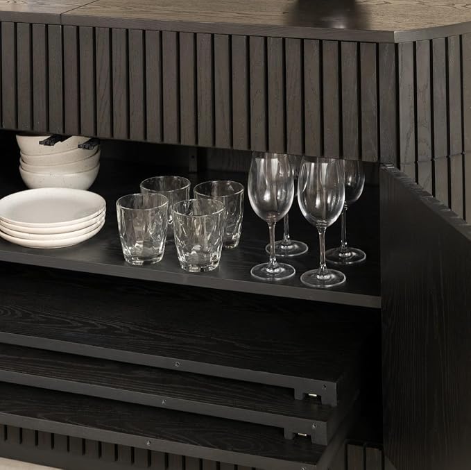Transformer Table Round Sideboard Buffet Cabinet, Black | Hidden Drawers, Wood Storage Cabinet, Solid Wood, Integrated Table Panel Storage