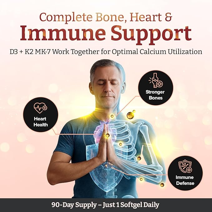Vitamine D3 + K2 (MK-7) double concentration – 5 000 UI D3 + 200 mcg K2 x 540 gélules végétaliennes (6 flacons de 90) – D3 de lichen et MK-7 de natto d'origine végétale – Absorption améliorée avec de l'huile de TCM – 18 mois d'approvisionnement