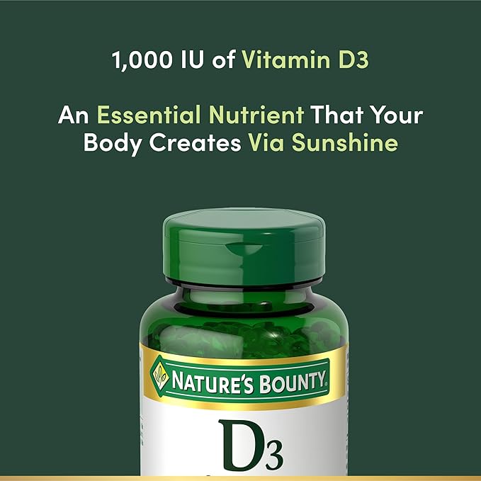 Nature's Bounty Vitamine D3 1000 UI Gélules, Soutien Immunitaire, Favorise des Os Sains, 1 Gélule par Jour, Sans Gluten, 350 Unités