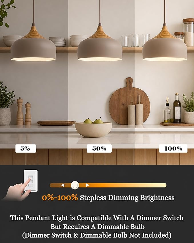 ELYONA 12 Inch Japandi Pendant Light, Farmhouse Pendant Light Fixture with Faux Pine Wood Grain Metal Shade, Adjustable Hanging Light for Kitchen Island Dining Room Bedroom Sloped Ceiling, Dark Brown