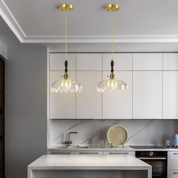 Modern Clear Glass Pendant Light Retro Flower Glass Hanging Lamp Gold Brass Decorative Adjustable Ceiling Hanging Light Suitable for Kitchen Island Bedroom Dining Room Living Room