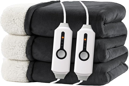 Electric Heated Blanket Queen Size 84"x90" – ETL Certified for Safe Overnight, 4 Heat Settings & 10H Auto Off, Dual-Sided Microplush Sherpa for Home Theater Night, Machine washable – Iron Gray