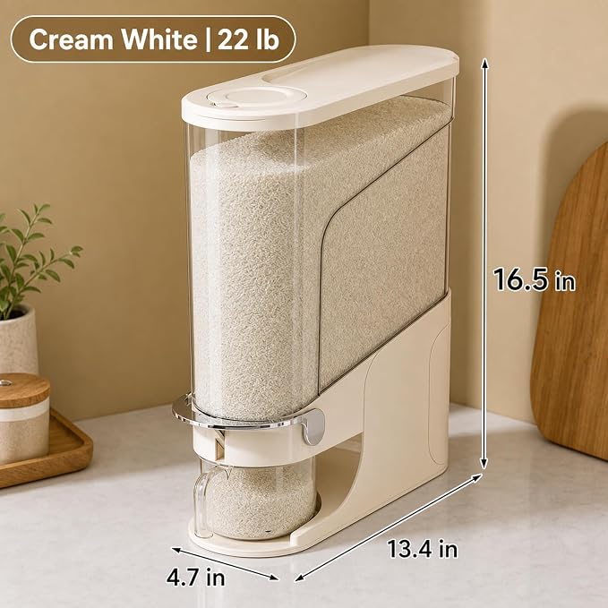 Rice Dispenser 22 Lb, Slim Rice Storage Container with Double Sealing Strip, Press to Dispense Cereal Container Airtight for Kitchen Pantry Organization, (Creamy Yellow-22lb)