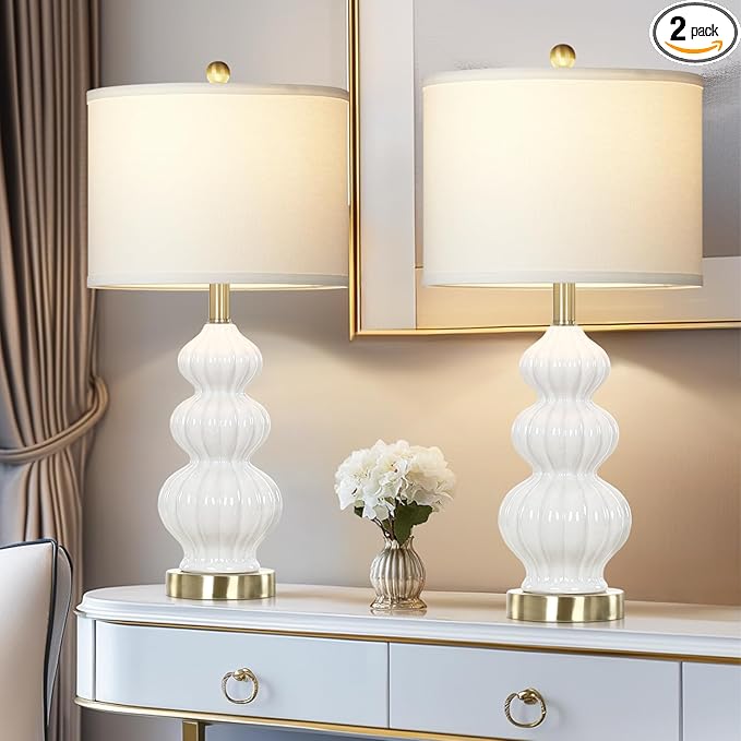Modern White Table Lamps Set of 2 - Bedside Lamps for Night Stands, 26" Triple Gourd Ceramic Lamps for Living Room with USB A+C Ports & AC Outlet,3 Way Touch Lamps for Bedroom (LED Bulbs Included)