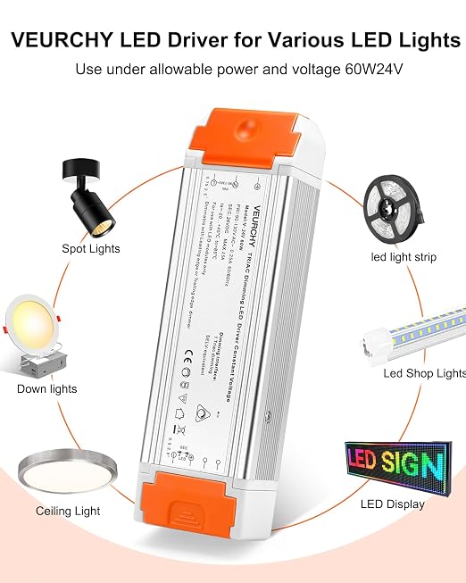 24V 60W Dimmable LED Driver,120V to DC 24V LED Lighting Low Voltage Transformers, Smooth Flicker Free Dimming 60 Watt LEDs Power Supply 24 Volt, 2 Pack