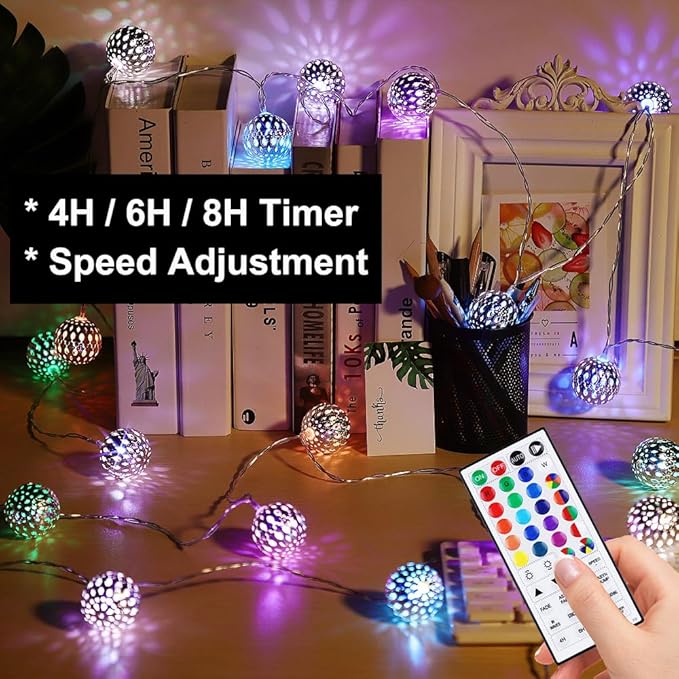 OMIKA 24 Colors Changing Globe String Light for Diwali Decor, 13ft 40 Silver Metal Balls LED Fairy Lights with Remote Timer Moroccan Orb Decorative Diwali Lights for Room Party Christmas Boho Décor
