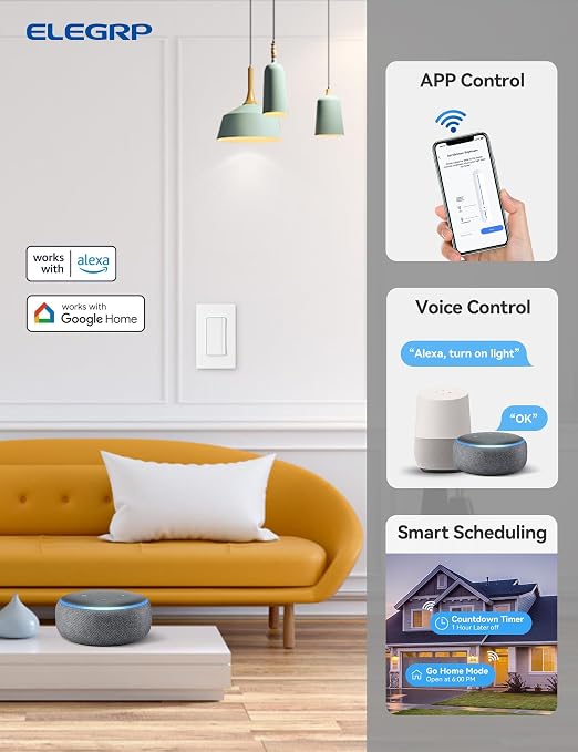 ELEGRP Smart Dimmer Light Switch DPR30, 2.4GHz Wi-Fi Dimmer Switch Compatible with Alexa and Google Assistant, Single Pole/3 Way, Needs Neutral Wire, No Hub Required, UL Listed, Matte White, 6 Pack