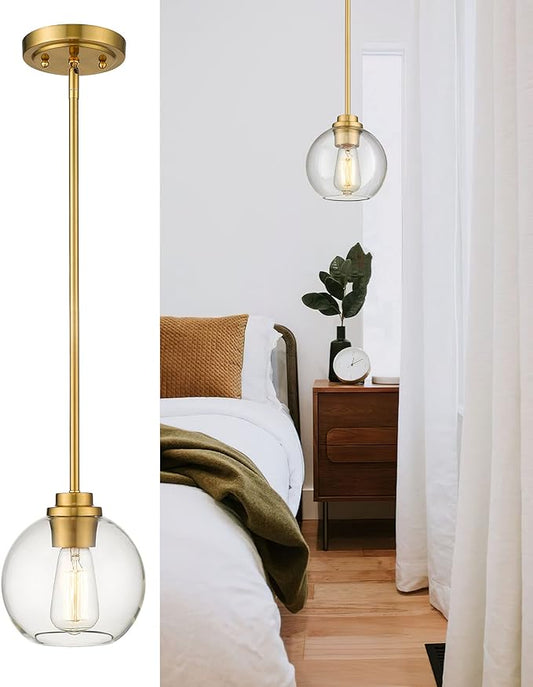 Pendant Lights Kitchen Island, Modern Gold Pendant Light with Clear Glass Globe Shade, Farmhouse Hanging Light Fixtures for Dining Room Entryway, AD-22280-1P-GD-C