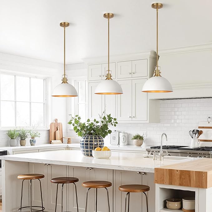 LamQee 13 Inch White and Gold Metal Pendant Light Kitchen Island, Farmhouse Modern Dome Pendant Light Fixtures Ceiling Hanging Lighting Chandelier for Dining Room Over Table, Bar, Hallway, Entryway