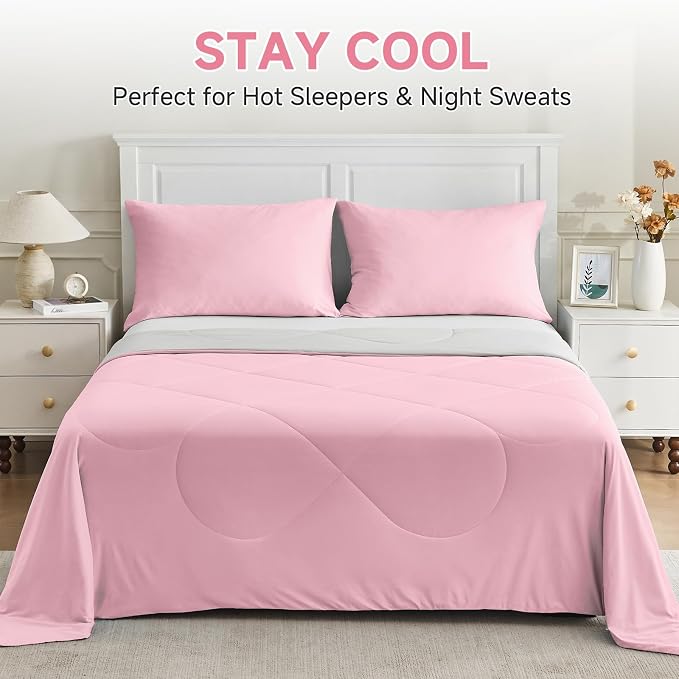 HOMFINE Cooling Comforter for Hot Sleepers - Both Sides Q-Max>0.45 Arc-Chill Cooling Fiber for All-Season, Breathable Soft Keep Cool Summer Blanket for Bed Couch Sofa, Pink, King