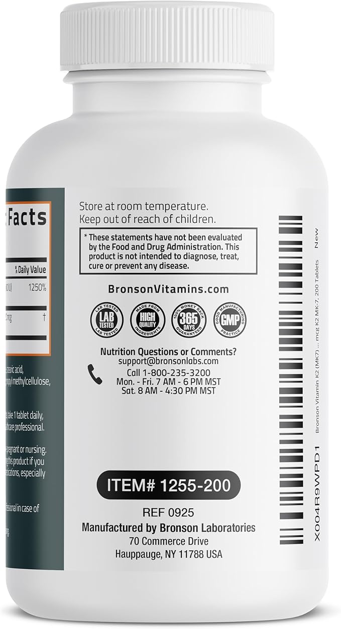 Bronson Vitamine K2 (MK7) avec D3 Supplément Force Extra 2 en 1 Soutien, 10 000 UI Vitamine D3 & 120 mcg K2 MK-7, 200 Comprimés