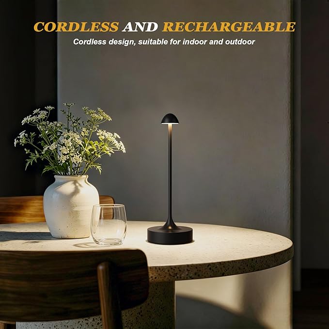 Kakanuo Rechargeable Cordless Table Lamp, Battery Operated Lamps, 3-Color Stepless Dimming, Portable Wireless Desk Lamp, LED Lighting for Dining Room, Restaurant, Office, Bar, Home(Black 2 Pack)