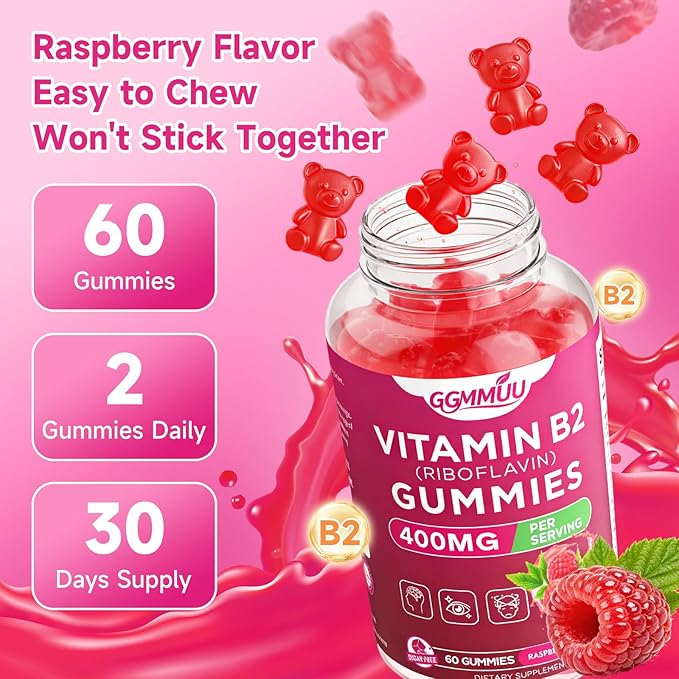 Lot de 2 Gommes Vitamine B2 Riboflavine 400mg avec Magnésium pour Enfants et Adultes, Gommes B2 pour le Soutien du Système Nerveux et la Santé de la Peau, Saveur Framboise, 120 Unités