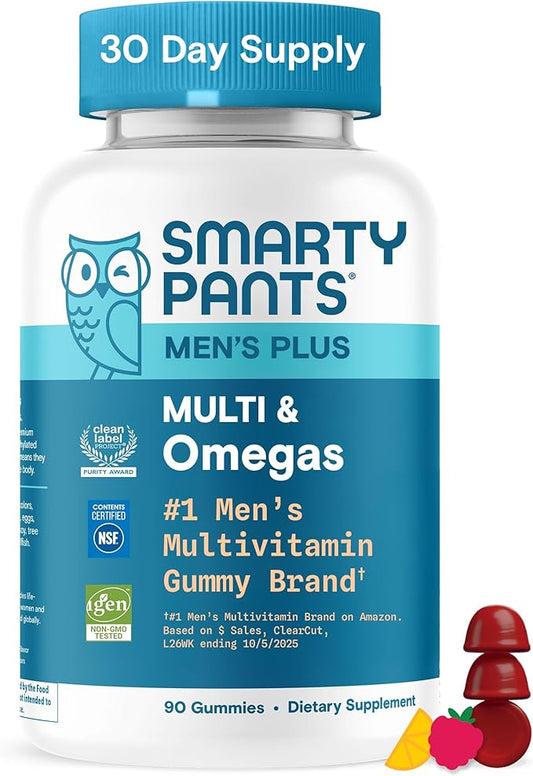 SmartyPants Complément alimentaire multivitaminé pour hommes - Formule améliorée : Oméga 3 (DHA/EPA), méthylfolate, vitamine D3, C, vitamine B12, B6, vitamine A, K, zinc et sélénium, sans gluten, 90 bonbons (pour 30 jours)