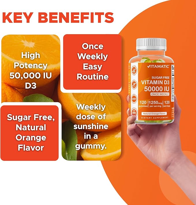 Vitamatic Sugar Free Vitamin D3 50,000 IU Weekly Supplement - 120 Pectin Based Gummies - Vitamin D Capsules for Bones, Teeth, and Immune Support (50000 IU)