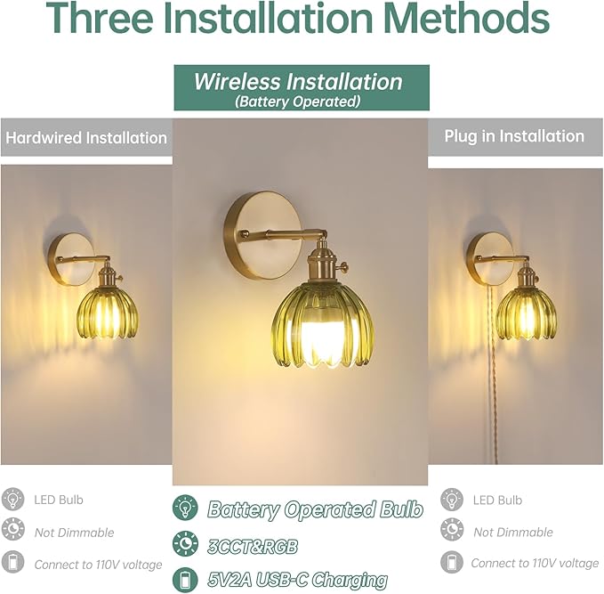 Shenmoyl Vintage Battery Operated Wall Sconce with Green Tulip Glass Lampshade Rechargeable Battery Powered Wall Light with Remote Control for Bedside Bedroom Doorway, Set of 2