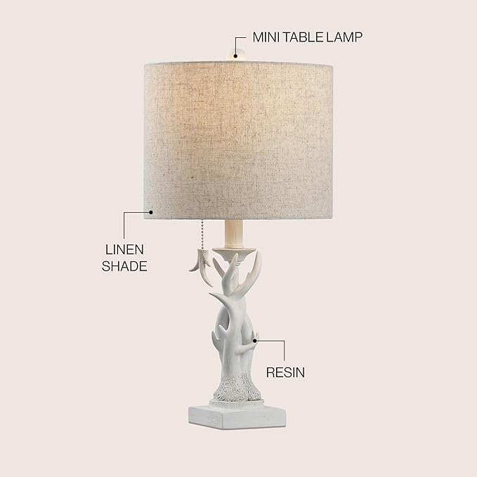 JONATHAN Y 20.5" Antique White Rustic Antler Table Lamp for Bedroom Farmhouse Decor, Mini Faux Antler Desk Lamp with Gray Linen Shade, Lodge Cabin Nightstand Lamp, LED Bulb (JYL1031C)