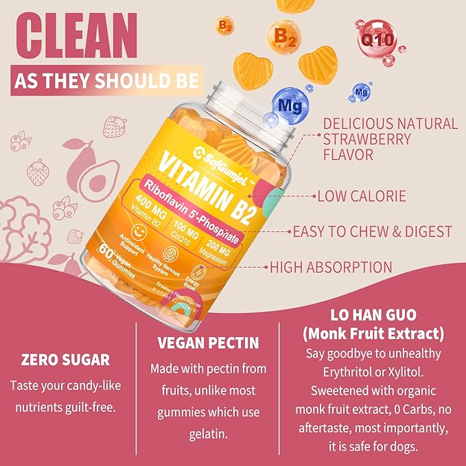 Gummies Vitamine B2 | Riboflavine 400 mg pour Adultes et Enfants | avec Magnésium et CoQ10 pour l'Énergie et le Soulagement des Migraines | Vitamine B2 Sans Sucre | Sans OGM, Végane, 120 Gélules