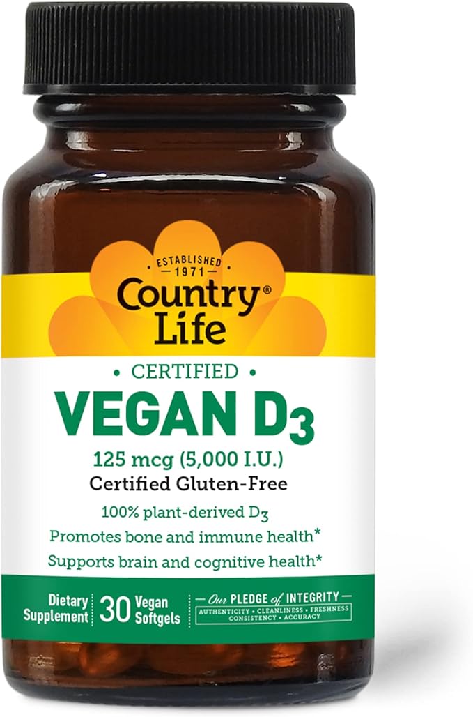 Country Life Vegan D3 5000 UI – Vitamine D3 d'Origine Végétale Issue du Lichen – Soutien Immunitaire et Osseux Haute Puissance – Certifié Végane, Sans Gluten, Sans OGM – 30 Gélules Molles