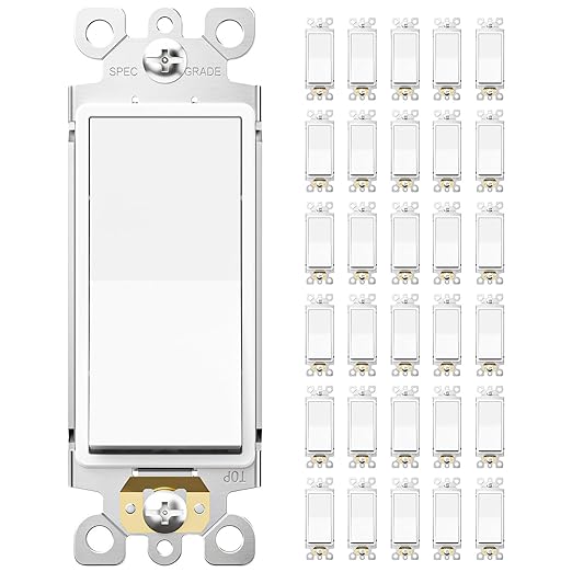 Amico 30 Pack Single Pole Light Switch, UL Listed, 15A 120/277V, On/Off Rocker Paddle Interrupter Wall Switch, Grounding Screw, Suitable for Home and Business, No Wall Plate Included, White