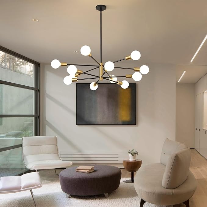 KAISITE Modern Chandelier 12-Light Sputnik Chandeliers Black and Gold Chandelier Light Fixtures for Dining Room Over Table Mid Century Height Adjustable High Ceiling Kitchen Farmhouse Chandelier