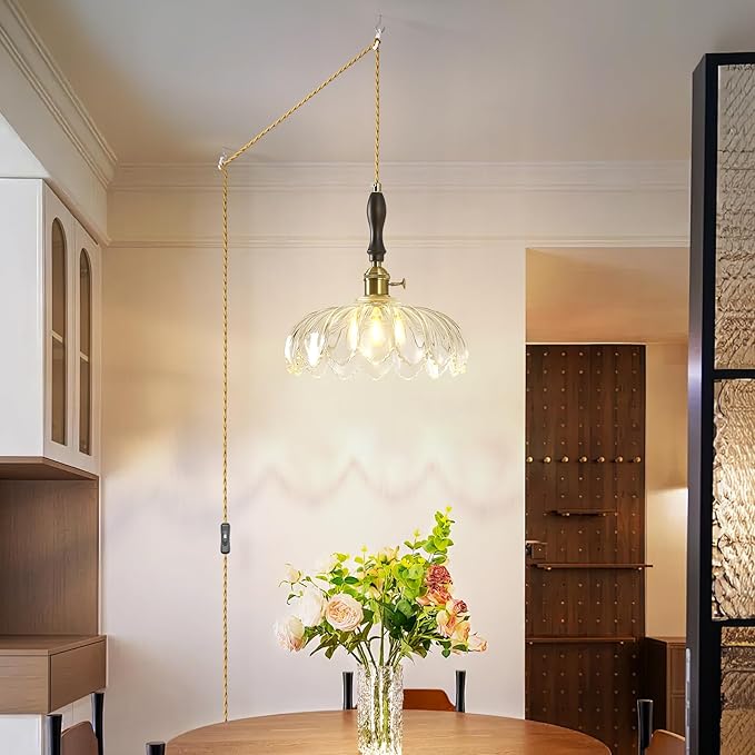 Modern Clear Plug in Glass Pendant Light Retro Flower Glass Hanging Lamp Gold Brass Decorative Adjustable Ceiling Hanging Light Suitable for Kitchen Island Bedroom Dining Room Living Room