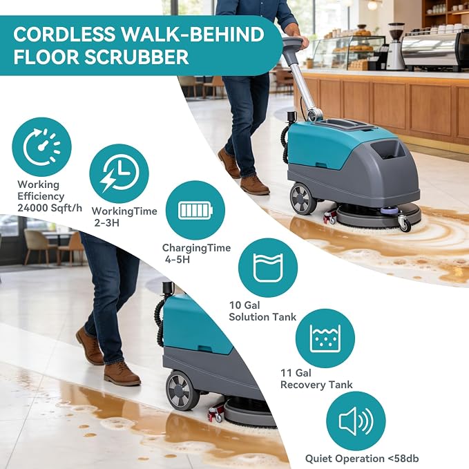 17" Walk Behind Commercial Floor Scrubber, 24" Squeegee Width | Battery Powered Cordless Floor Cleaner Polisher , 24000 SqFt/H Efficient Cleaning for Office Cafe Clinic Retail Store