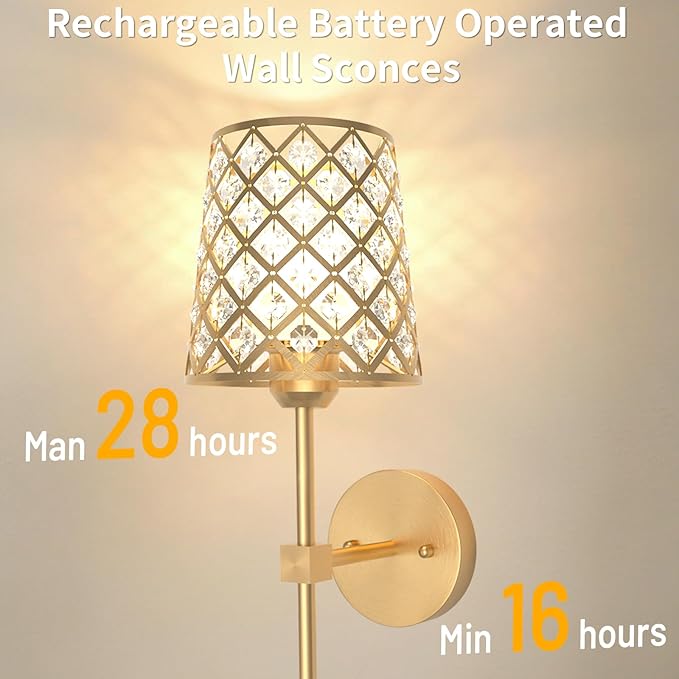 Crystal Battery Operated Wall Sconces Set of 2, Gold Rechargeable Wireless Wall Sconce Lights for Home Decor, Dimmable 12 RGB and 3CCT Wall Lamps with Remote for Living Room Bedroom Hallway