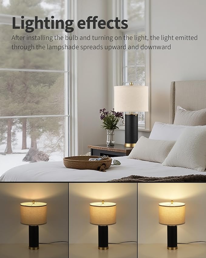 KDG 23.4" Black PU Leather Table Lamps for Living Room Set of 2, E26 Socket LED Modern Home Decor Fabric Lampshade Desk Lamp Lighitng for Bedroom, Bedside, Farmhouse, Nightstand, Night Light